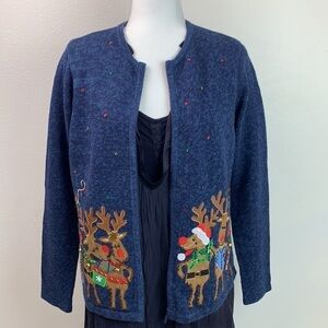 Singing reindeers cotton zip up vintage Tiara International Christmas sweater